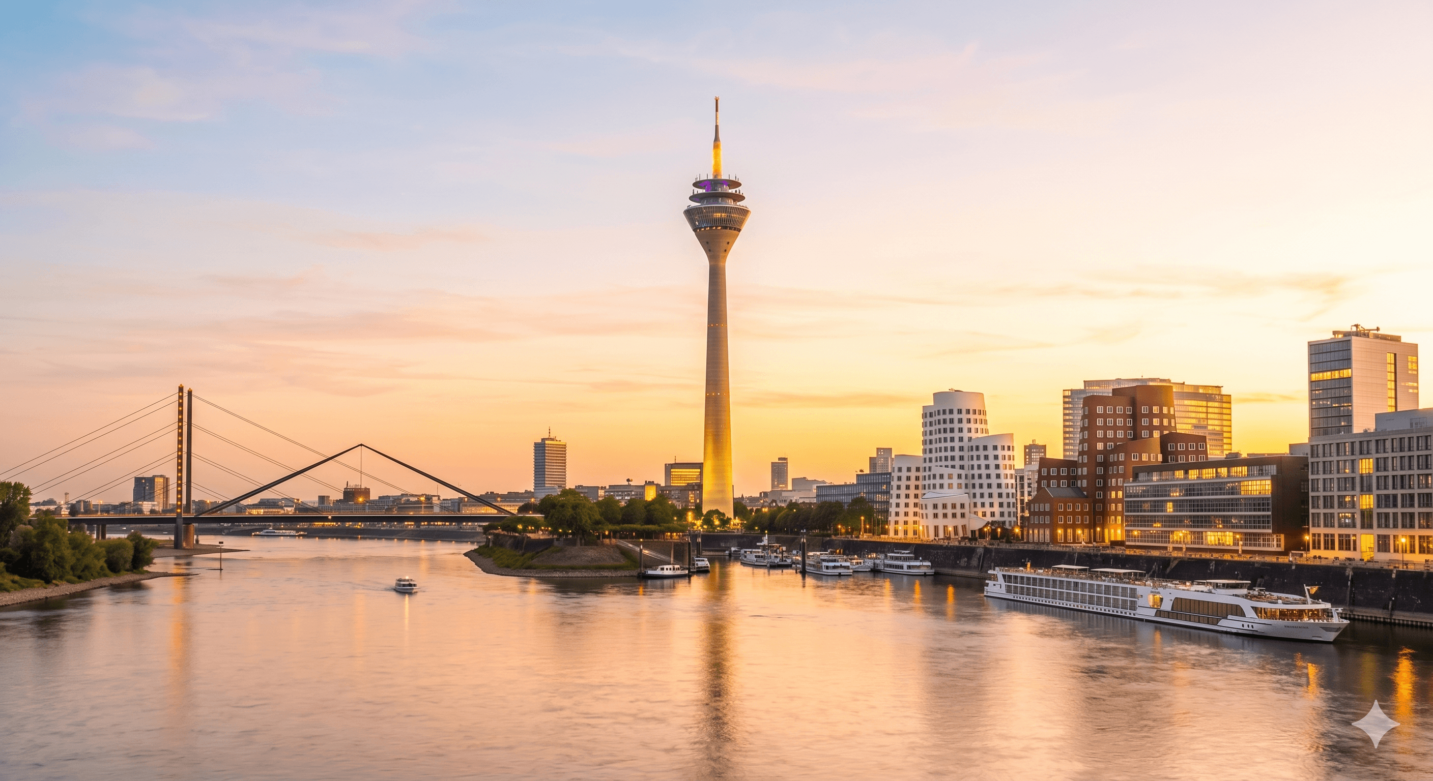 Düsseldorf Skyline mit Rheinturm und Medienhafen bei Sonnenuntergang