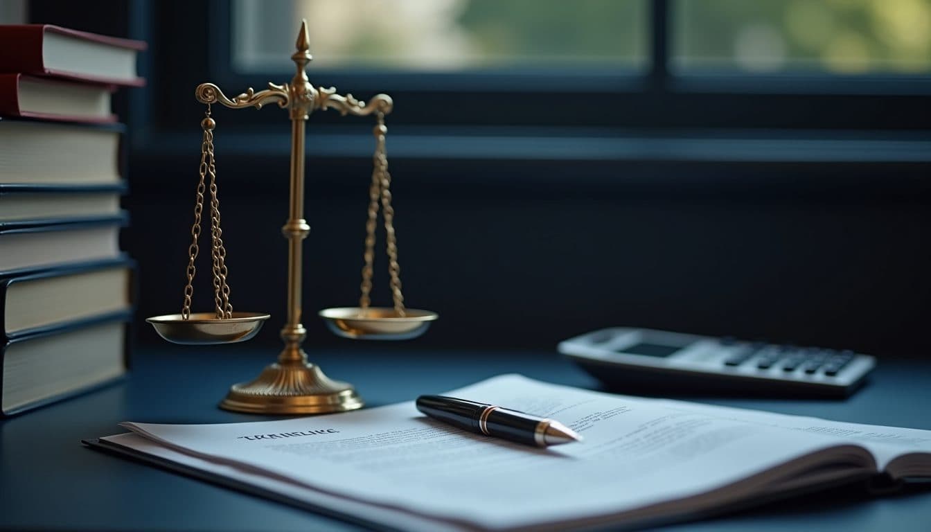 Waage der Justitia mit juristischen Kommentaren auf einem Schreibtisch
