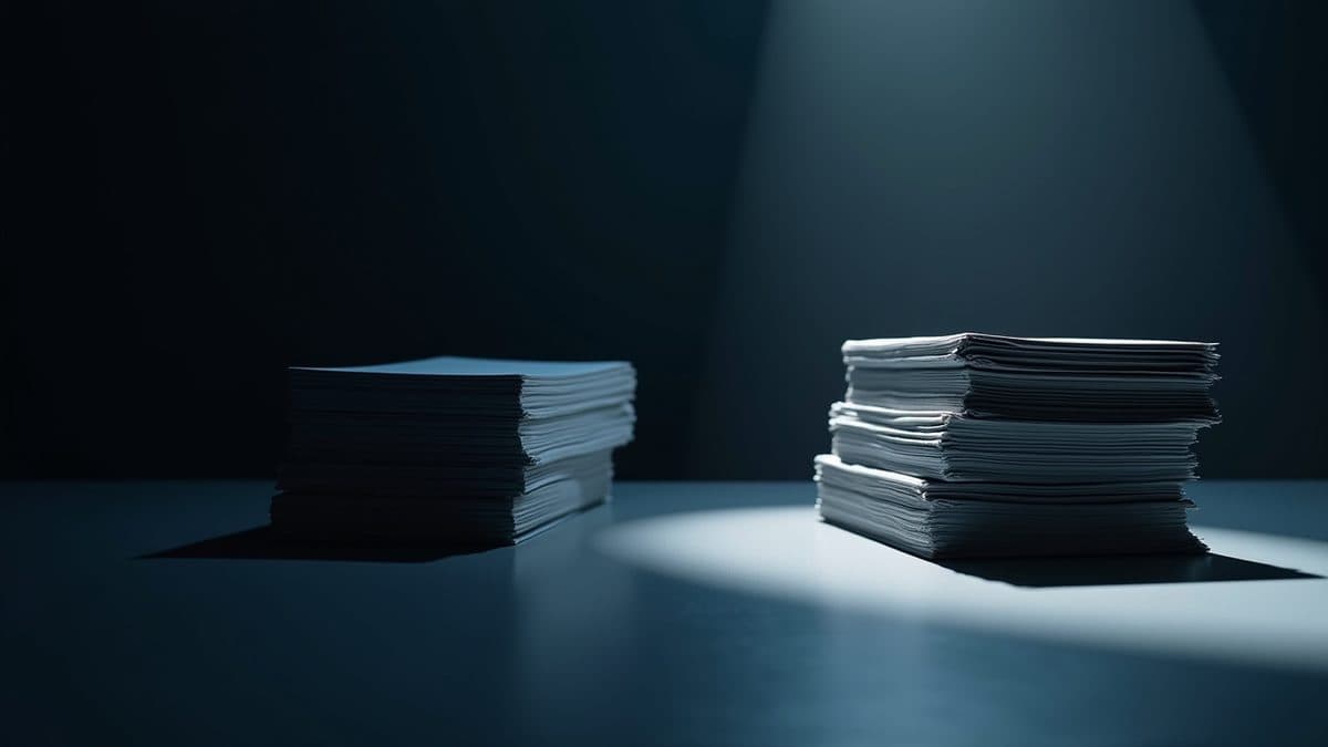 Zwei Aktenstapel, durch eine Lichtkante getrennt - die Grenze zwischen Betriebsprüfung und Steuerstrafverfahren