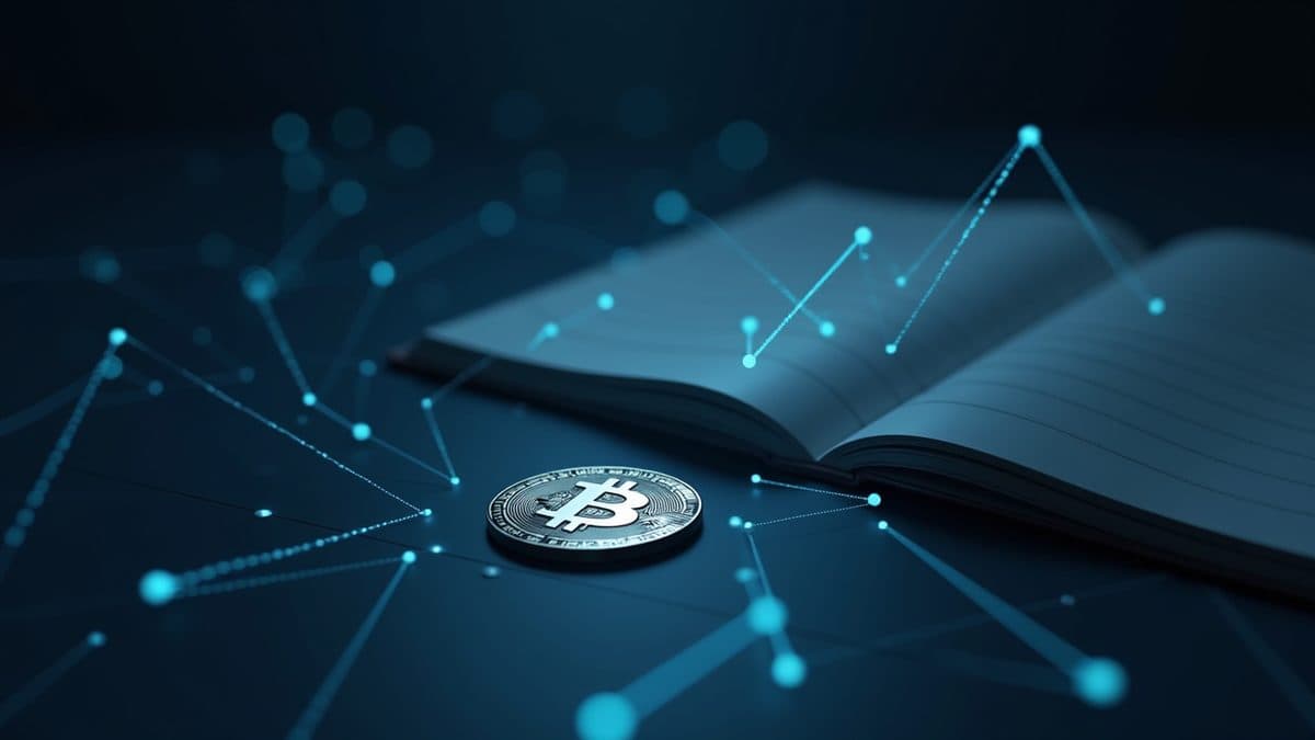 Silberne Bitcoin-Münze auf einem Netz aus Datenlinien zu einer Finanzbehörde - Krypto-Steuerhinterziehung und DAC8-Meldepflicht