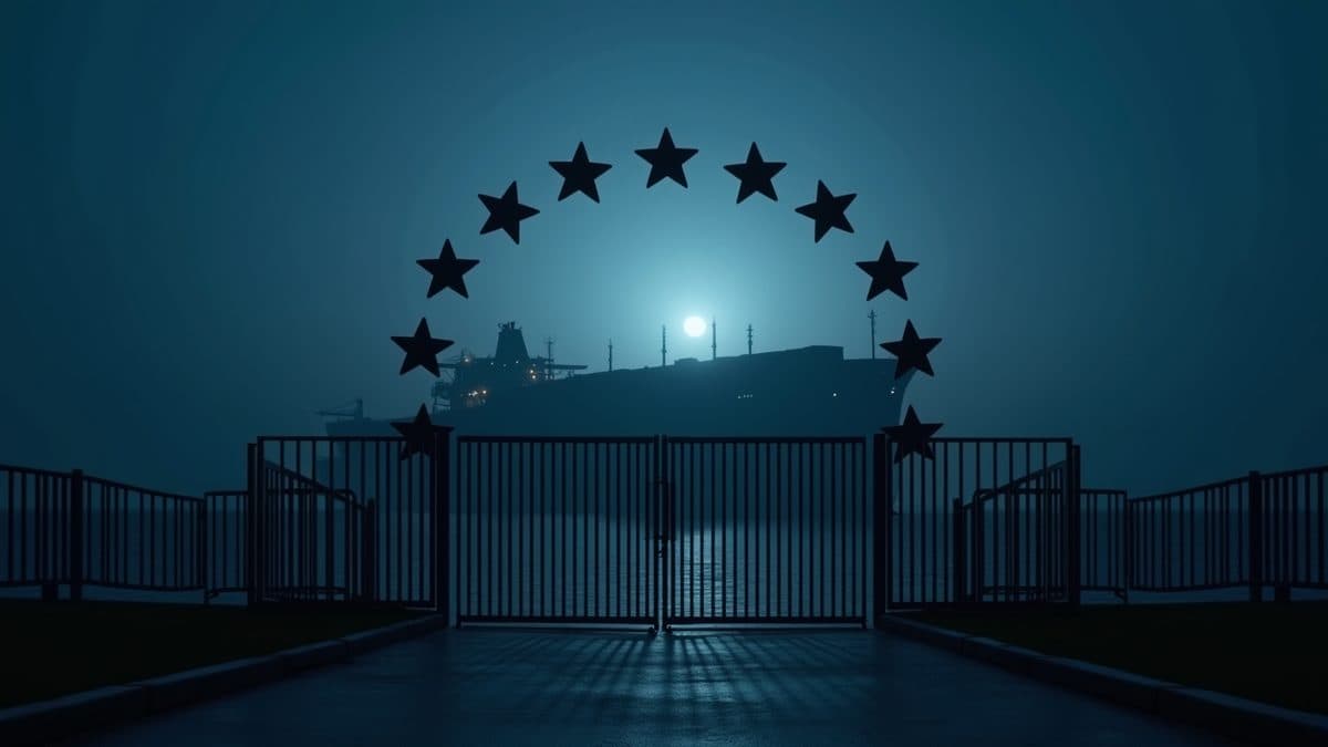Containerschiff hinter EU-Flaggen-Struktur und Weltkarte mit Handelsrouten - Russland-Sanktionen und AWG-Verstoß