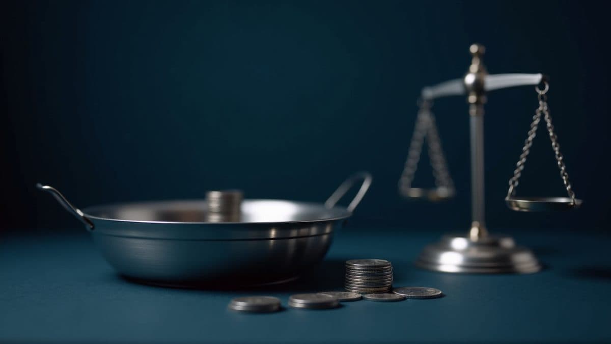 Silberne Waage der Justitia mit Münzstapel auf einer Waagschale vor Navy-Hintergrund - Strafmaß bei Steuerhinterziehung nach § 370 AO