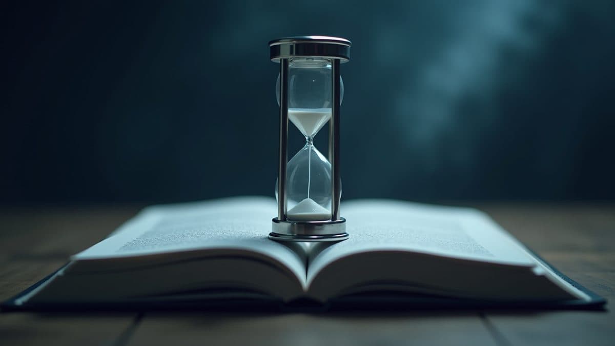 Silberne Sanduhr auf aufgeschlagenem Gesetzestext vor Zeitstrahl - Verjährungsfristen bei Steuerhinterziehung
